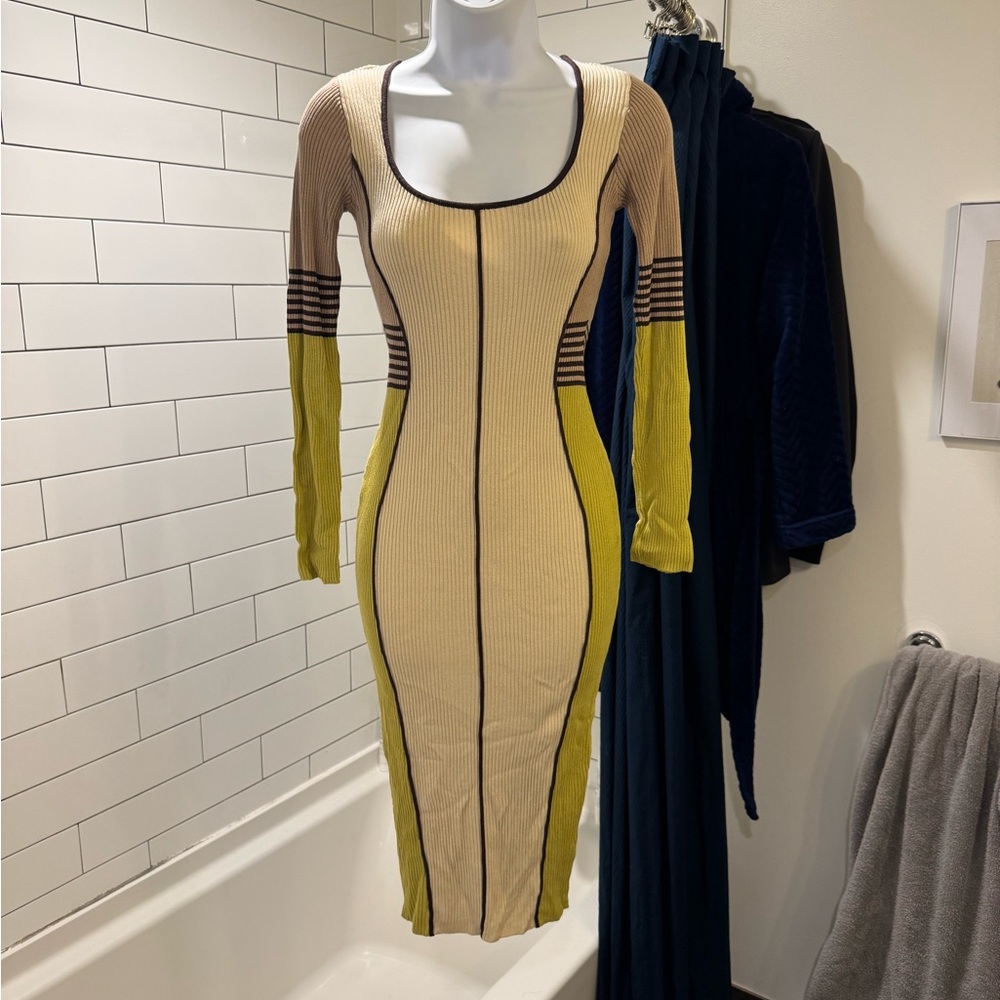Beige, Tan, and Chartreuse Knit Dress